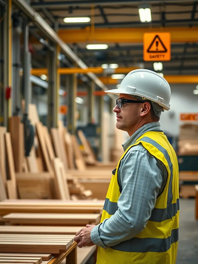 A photo of a factory inspector conducting an audit with safety gear at a furniture factory listed on FactoryofFurniture.com.