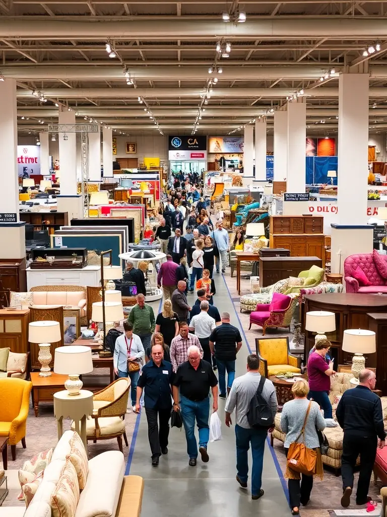 A vibrant photograph capturing the bustling atmosphere of High Point Market, showcasing diverse furniture displays and attendees engaging in conversations.