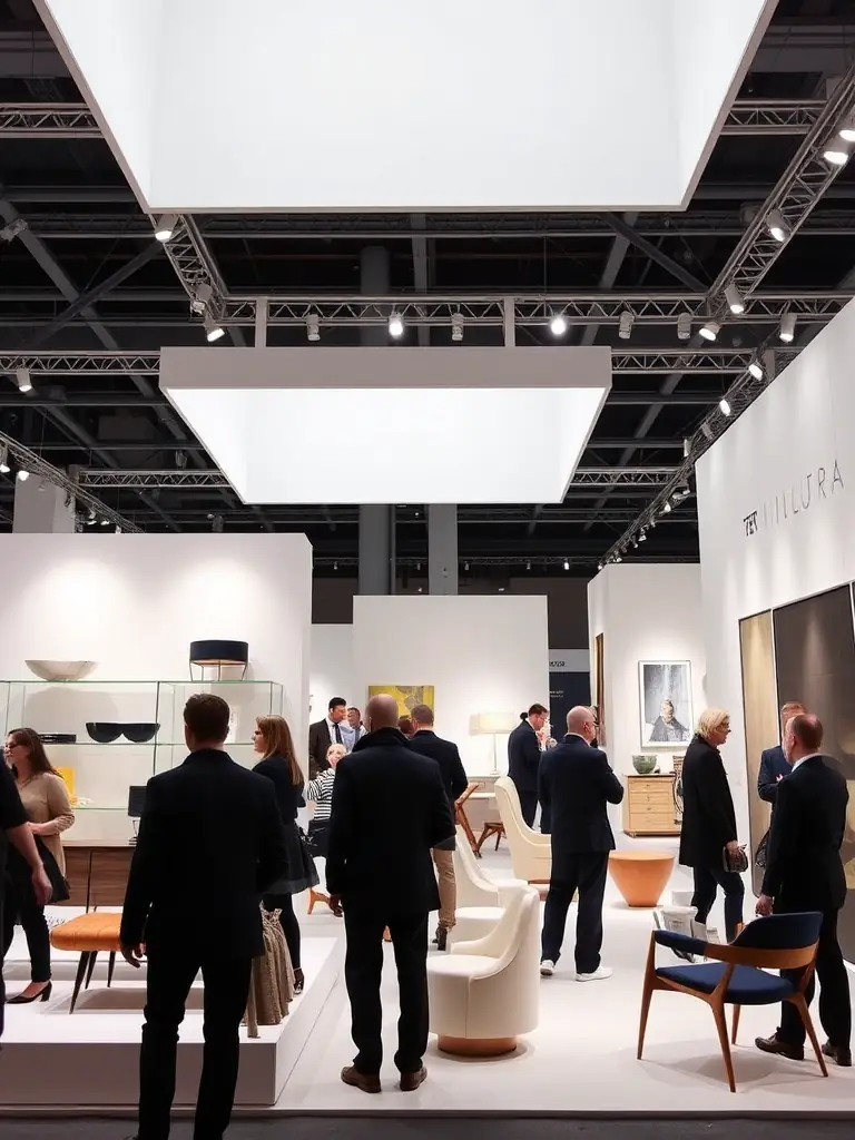 A photograph of the International Contemporary Furniture Fair (ICFF) in New York, emphasizing its focus on cutting-edge design and international exhibitors.