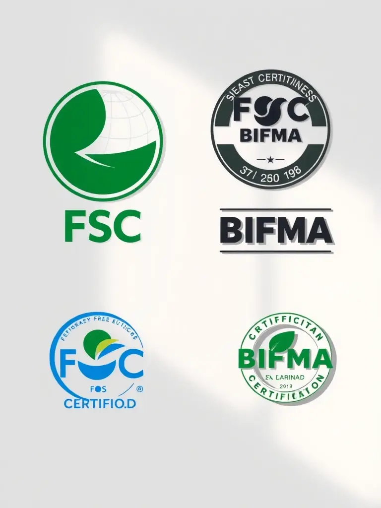 A collage of certification logos like FSC and BIFMA, representing the certification access provided by FactoryofFurniture.com.