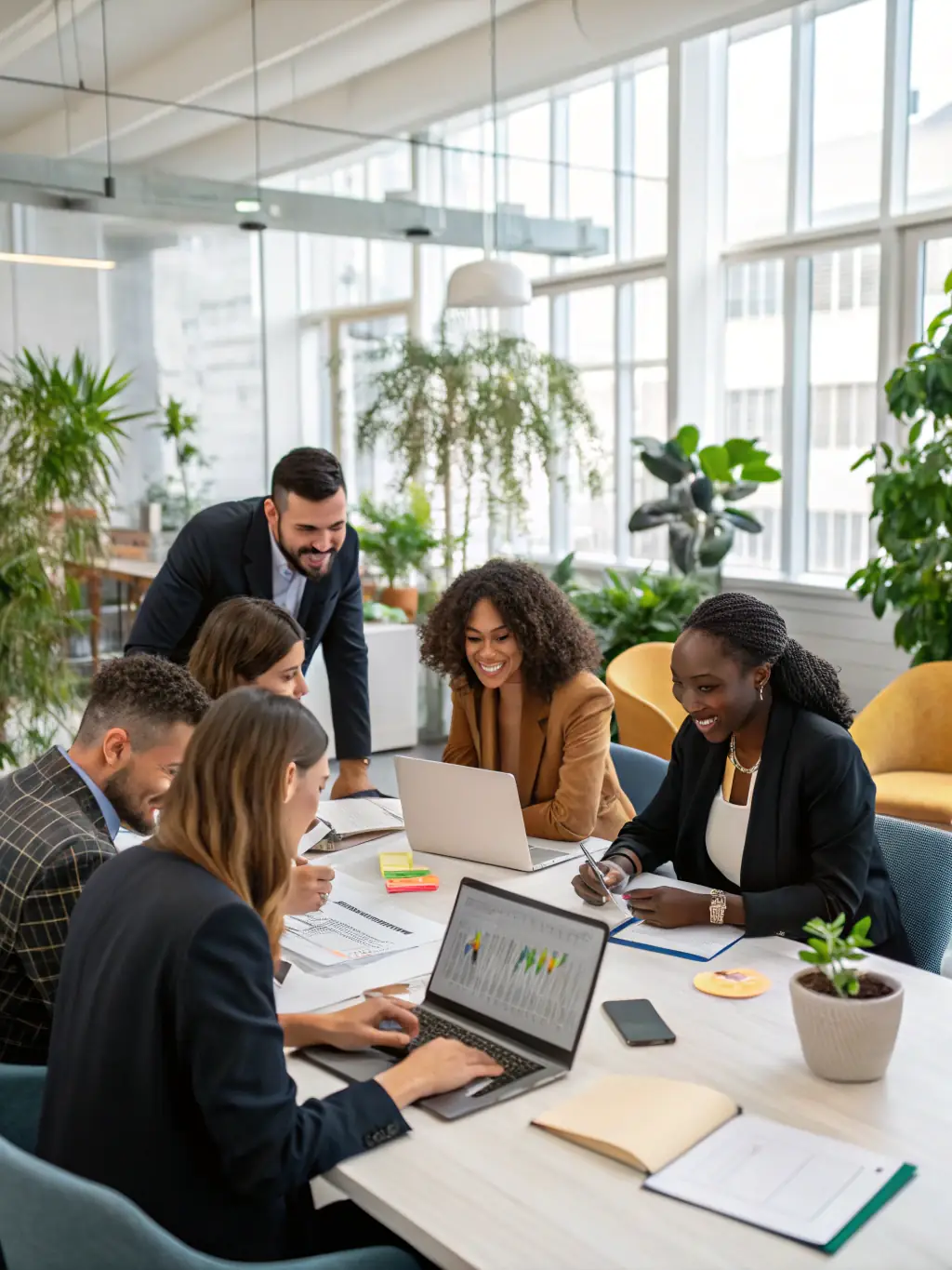 A diverse group of furniture buyers and manufacturers collaborating on the platform, showcasing the global reach and networking opportunities available through FactoryofFurniture.com.