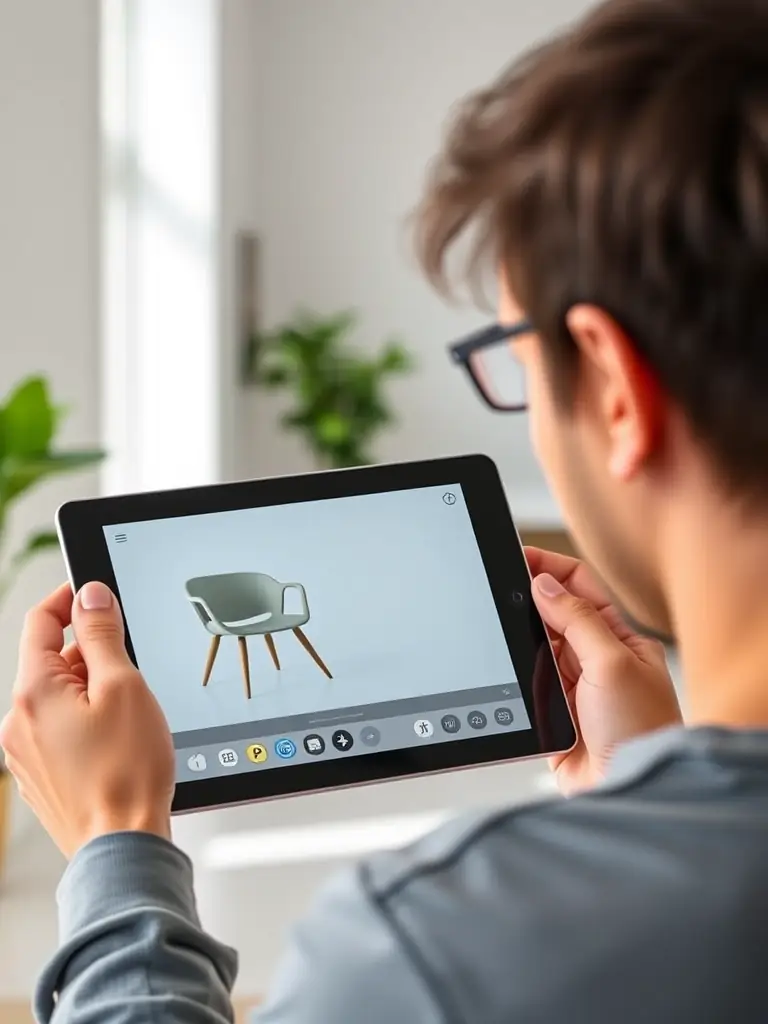 An image of a user manipulating a 3D furniture model on a tablet, showcasing the customization options available on FactoryofFurniture.com.