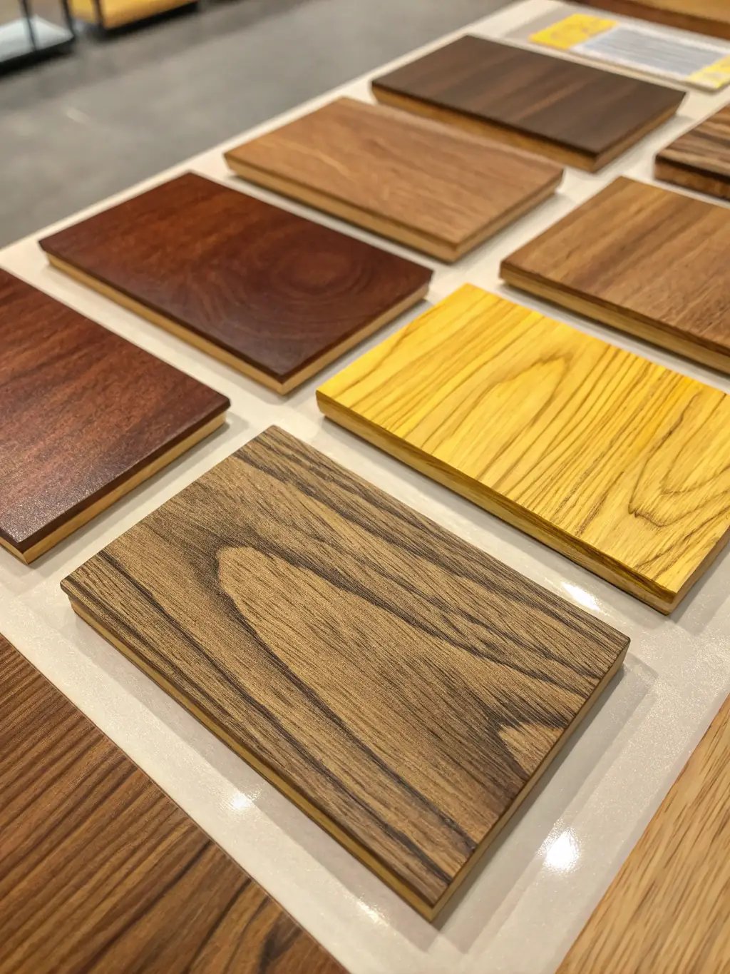 An image depicting a furniture sample kit, showcasing various wood finishes and material options available to buyers.