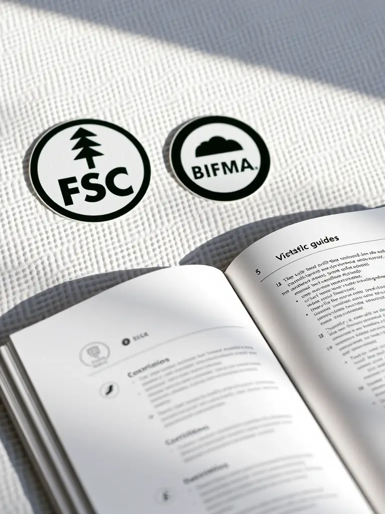 A visual representation of a BIFMA certification document, highlighting key compliance areas for furniture safety and performance.