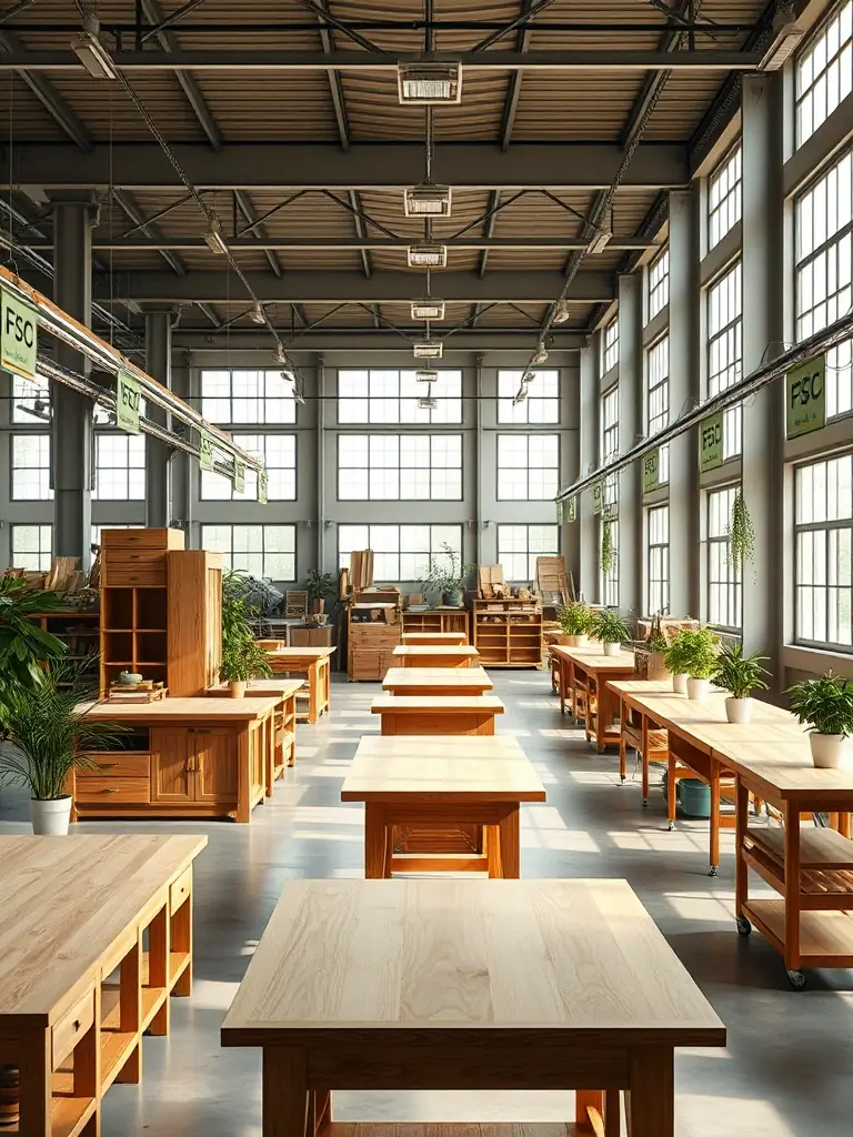 A professional photograph of a furniture trade show booth, highlighting sustainable wood furniture and showcasing the FSC certification logo prominently.