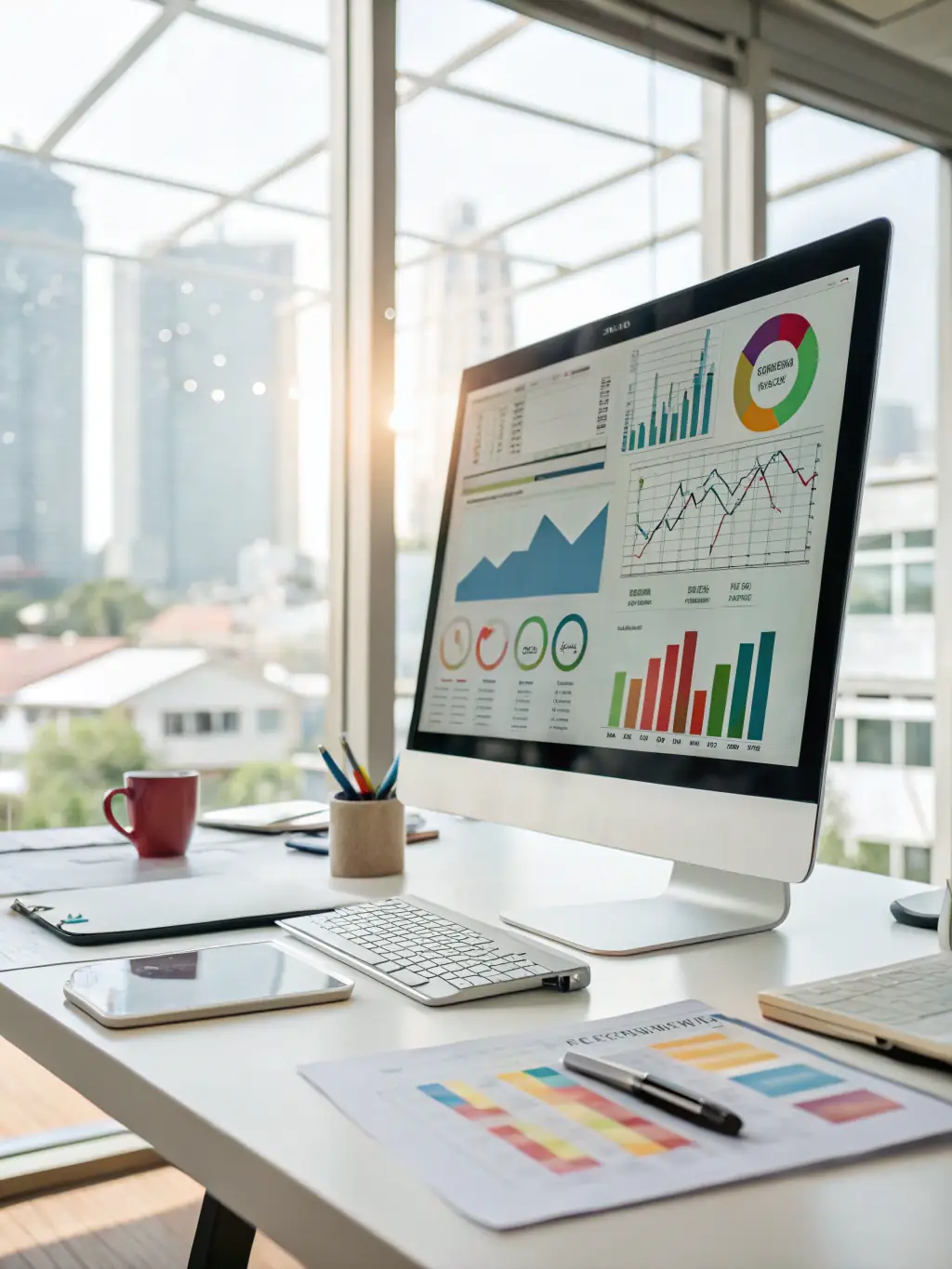A well-organized digital dashboard displaying key performance indicators (KPIs) related to furniture sourcing, such as cost savings, lead times, and supplier performance, set in a modern office environment.